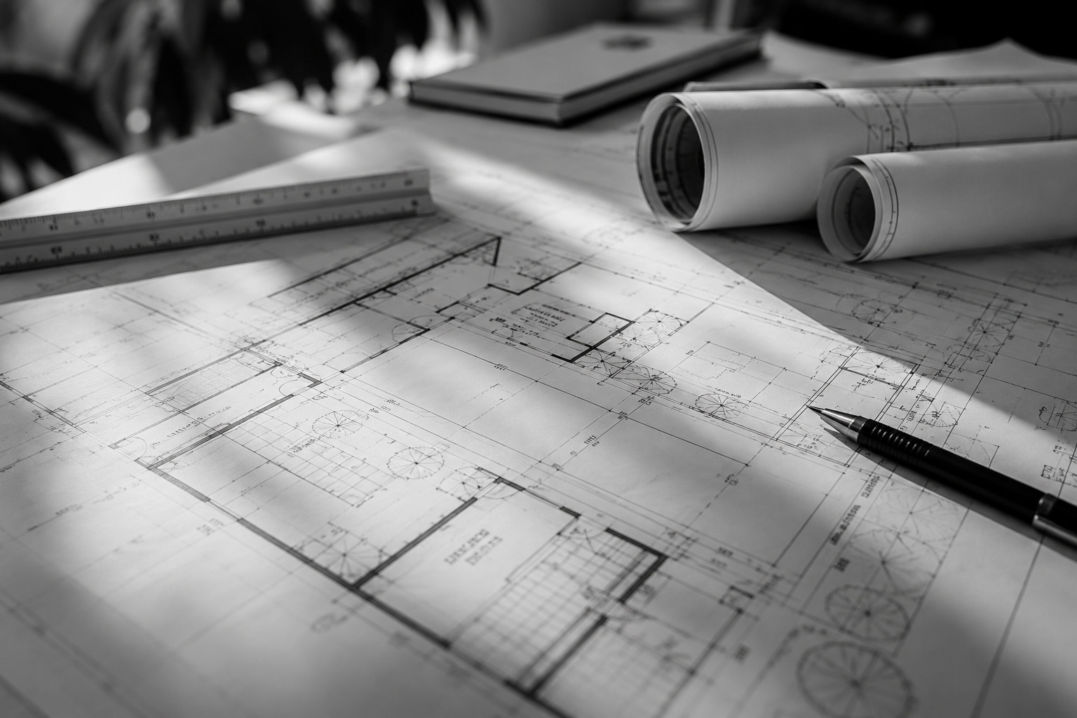 Revisión de planos arquitectónicos sobre una mesa de trabajo